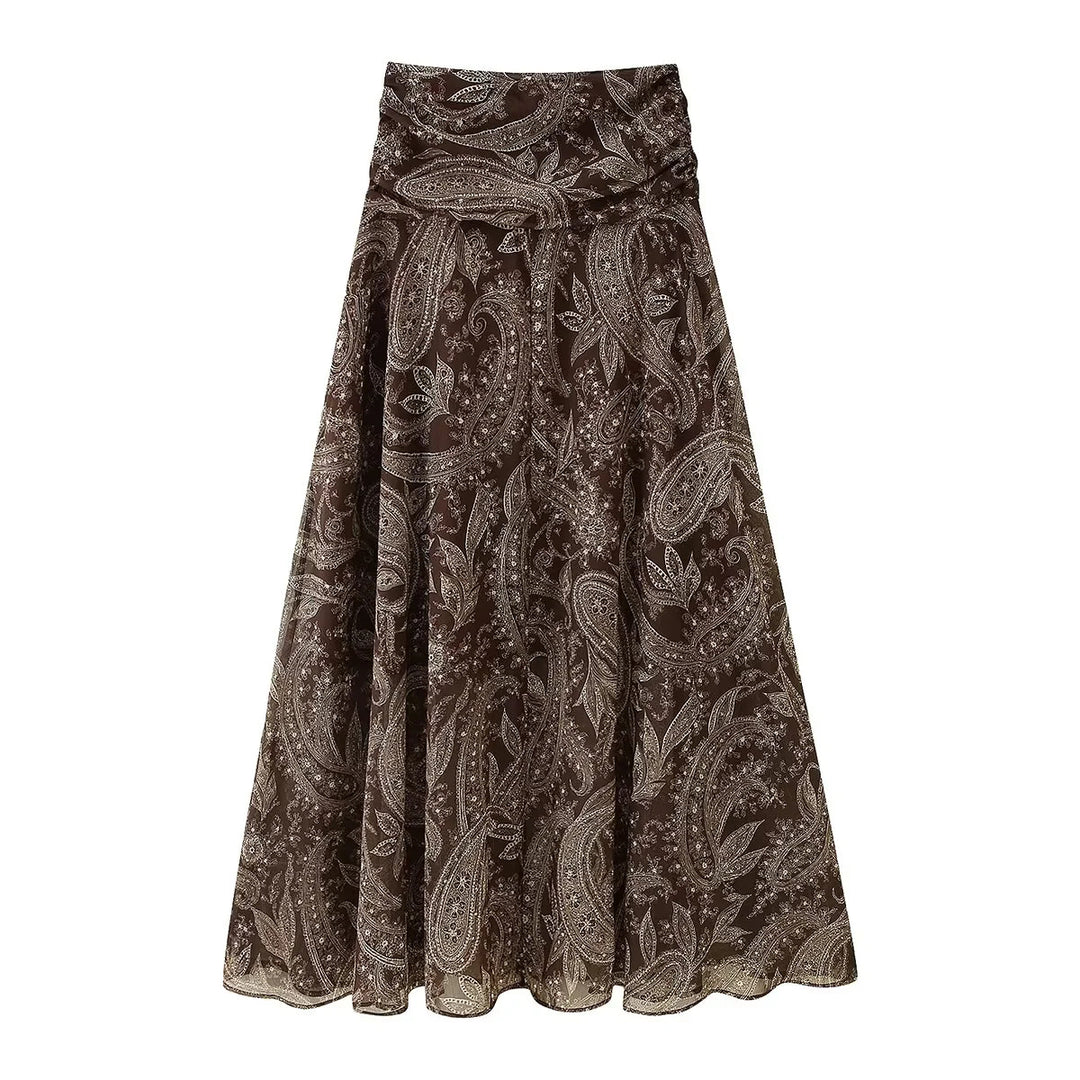 Damen ausgestellter Maxirock mit hoher Taille, gefaltetem Bund und Paisley‑Print – Valéora