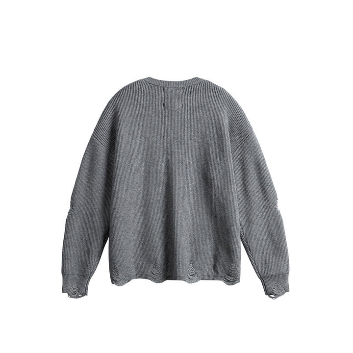 Unisex Oversize Strickpullover mit Destroyed Details und Statement Print Echoarchiv