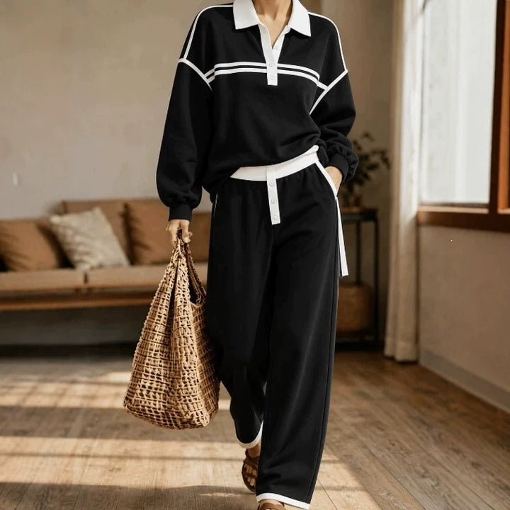 Damen Lounge-Set aus weichem Jersey mit Polokragen, Kontraststreifen und weiter Jogpant – Élanora