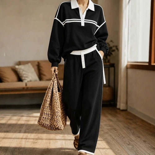 Damen Lounge-Set aus weichem Jersey mit Polokragen, Kontraststreifen und weiter Jogpant – Élanora