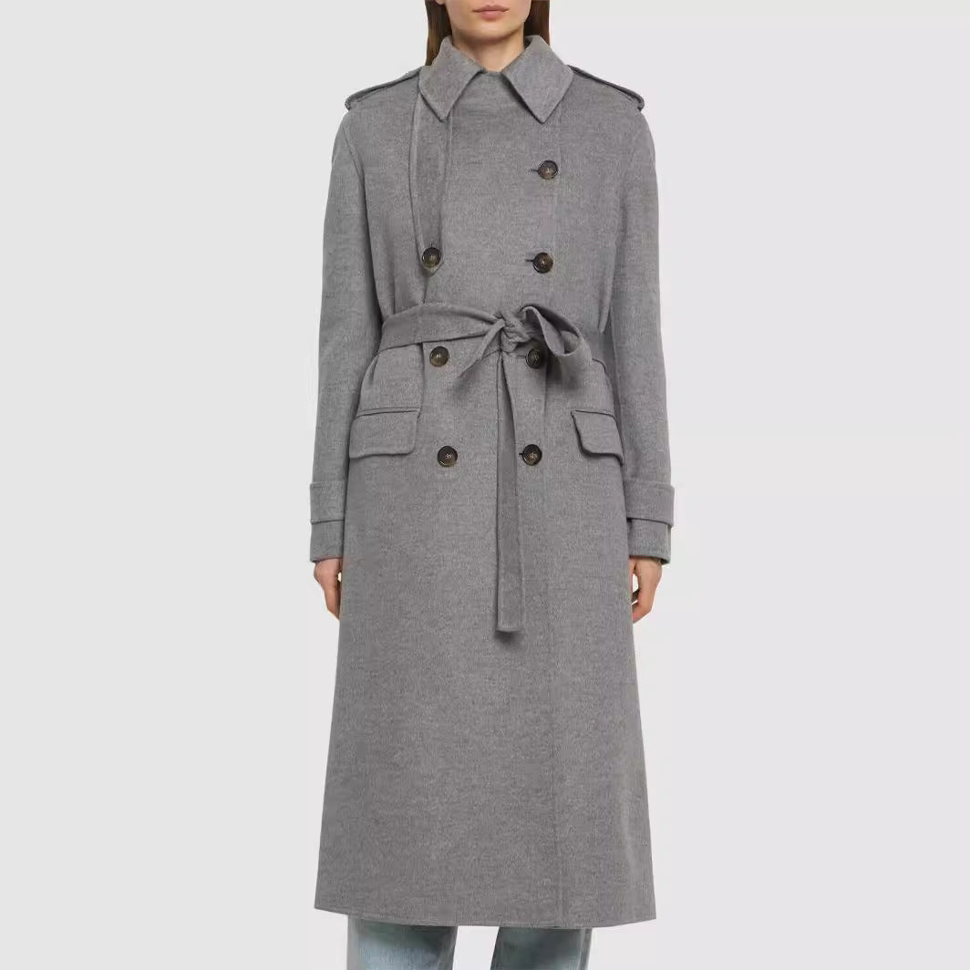 Damen Midilanger Taillierter Doppelreiher‑Trenchcoat aus Wollmix mit ausgestelltem Saum Echoarchiv