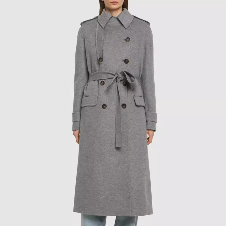 Damen Midilanger Taillierter Doppelreiher‑Trenchcoat aus Wollmix mit ausgestelltem Saum Echoarchiv