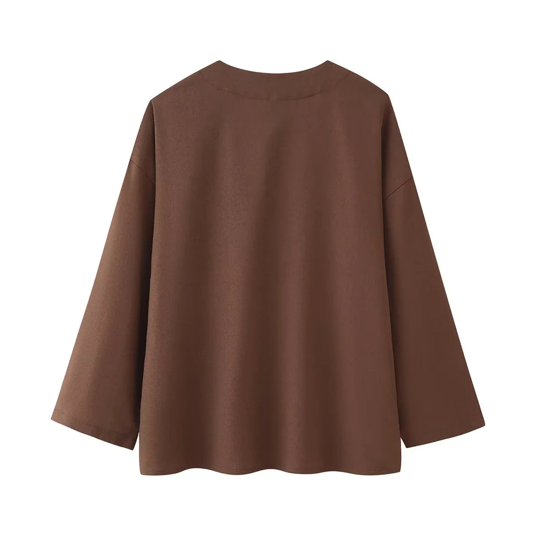 Damen lässiges Zweiteiler-Set mit V‑Ausschnitt Bluse und weitem Bundhose – Élanora