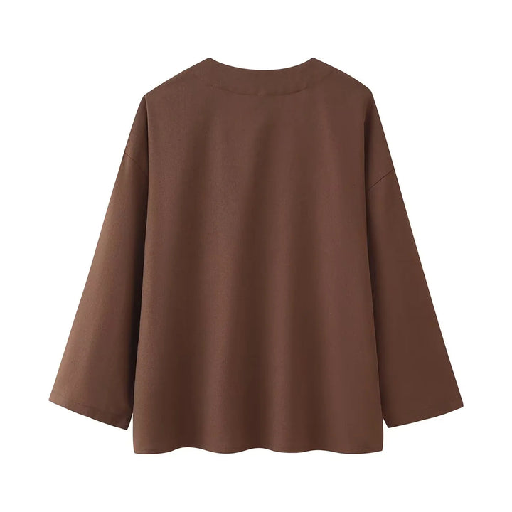 Damen lässiges Zweiteiler-Set mit V‑Ausschnitt Bluse und weitem Bundhose – Élanora