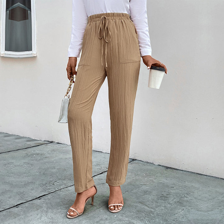 Damen Leichte Crinkle-Hose mit hohem Elastikbund, Tunnelzug und aufgesetzten Taschen Echoarchiv