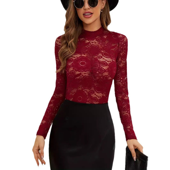 Damen nan figurbetontes Spitzen-Longsleeve mit Stehkragen und floralem Ajour-Muster Echo Archiv