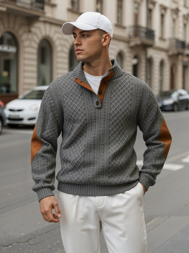 Herren Troyer-Pullover mit Stehkragen, strukturierter Strickoptik und Kontrast-Ellbogenpatches Echoarchiv