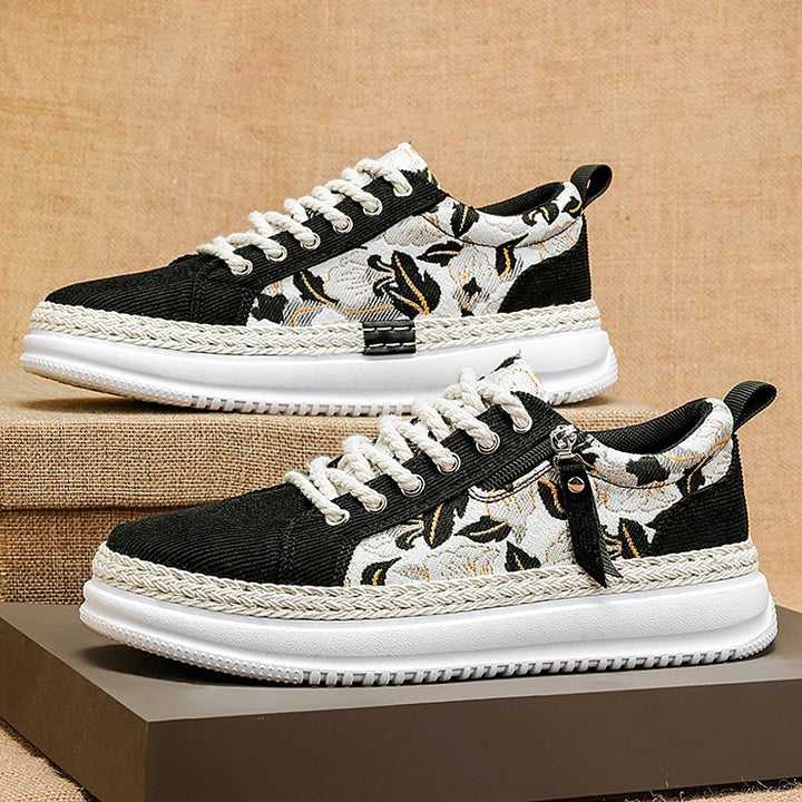 Damen gestickte Espadrille-Plateau-Sneaker mit floralem Jacquard, geflochtener Kordelsohle und gepolstertem Innenfutter Echo Archiv