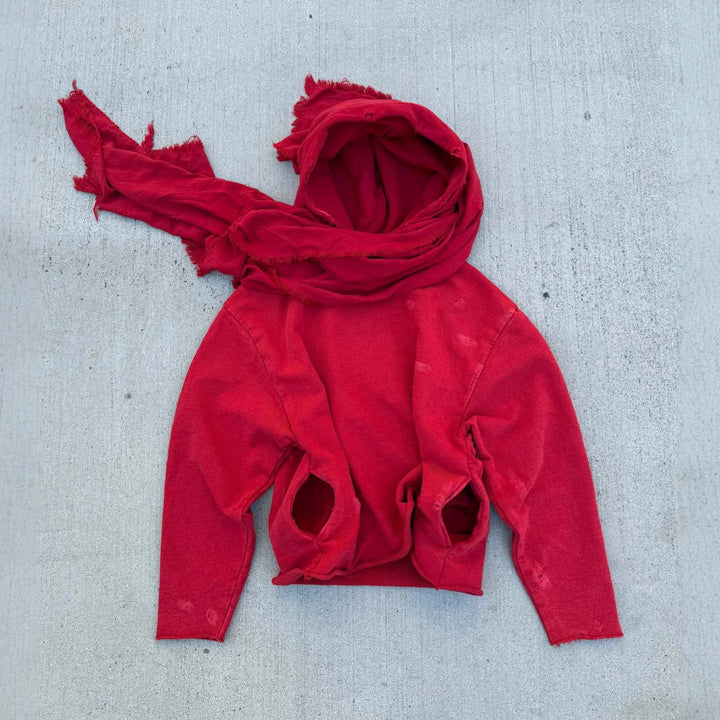 Unisex nan Kapuzenpullover im Gebrauchsspurenstil mit angeschlossenem Schlauchschal und ausgefransten Öffnungen Echo Archiv
