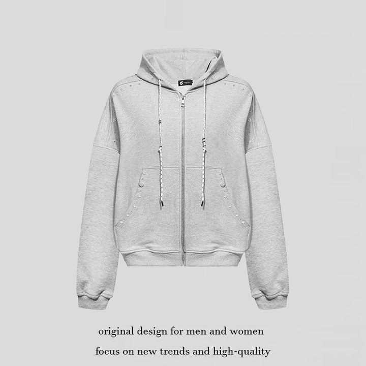 Damen Kapuzen-Zipjacke mit Nietenbesatz und Oversize-Schnitt Echoarchiv