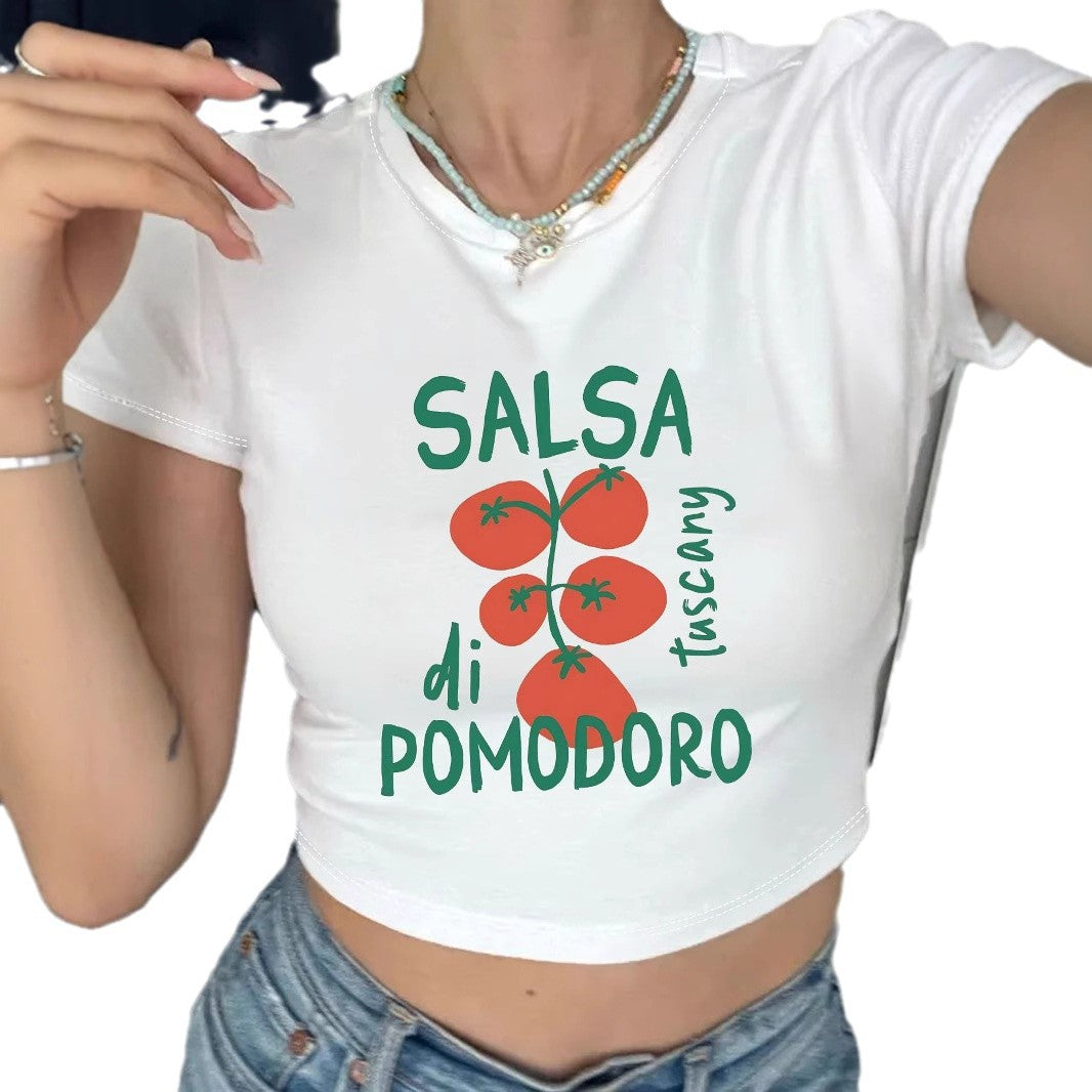 Damen Crop-Top mit kreativem Tomatenmotiv und witzigem Schriftzug Echo Archiv