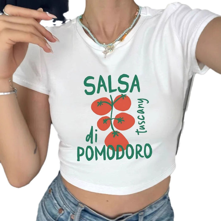 Damen Crop-Top mit kreativem Tomatenmotiv und witzigem Schriftzug Echo Archiv