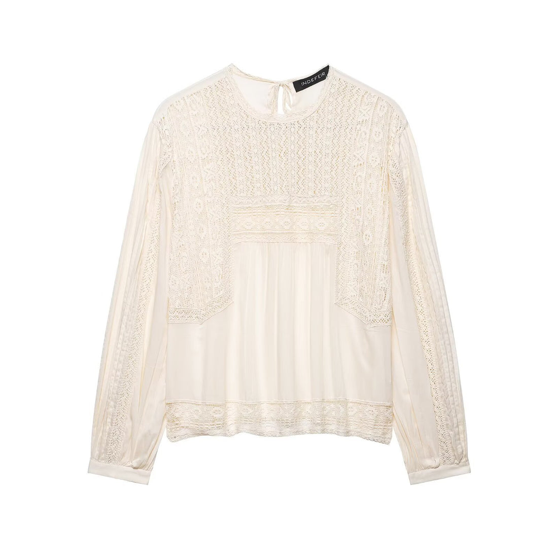 Damen Langärmlige Boho-Spitzenbluse mit Häkel- und Plissee-Details Echoarchiv