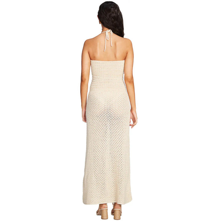 Damen gehäkeltes Maxikleid mit tiefem V-Ausschnitt und seitlichem Cut-Out Echo Archiv