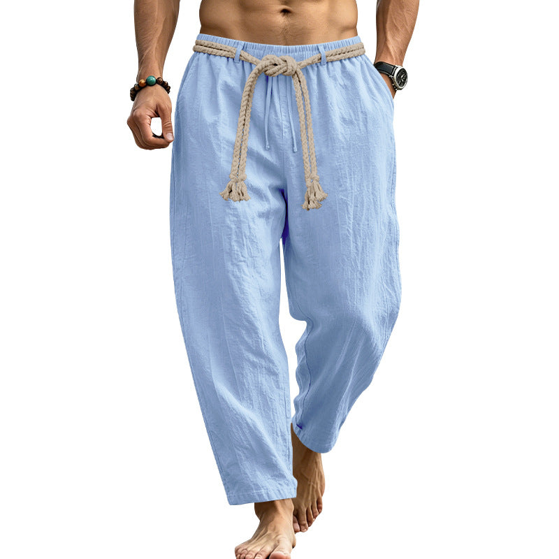 Herren lässige Leinen-Loungehose mit elastischem Bund, dekorativem Seilgürtel und Seitentaschen Echoarchiv