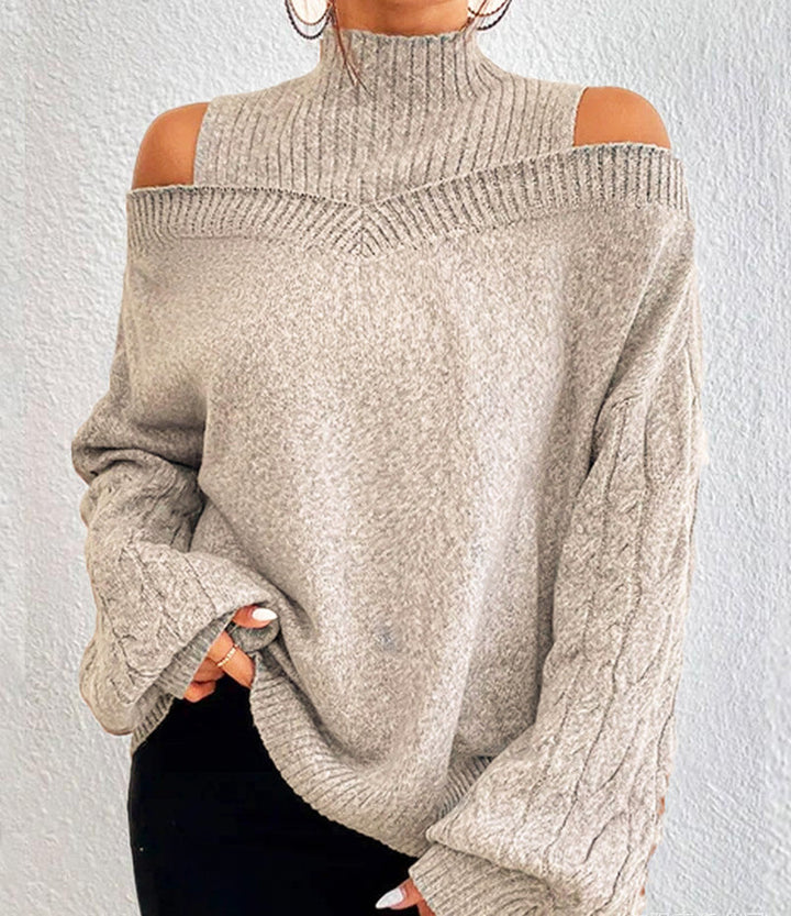 Damen nan schulterfreier Strickpullover mit Stehkragen und Zopfmusterärmeln Echo Archiv