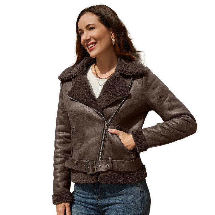 Damen nan taillierte Lammfellimitat-Fliegerjacke mit Gürtel und Teddyfutter Echo Archiv