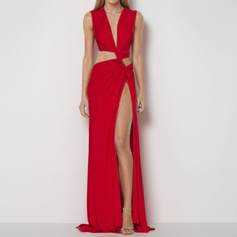 Damen Elegantes Cut-Out Maxikleid mit raffinierten Drapierungen und hohem Schlitz Echo Archiv