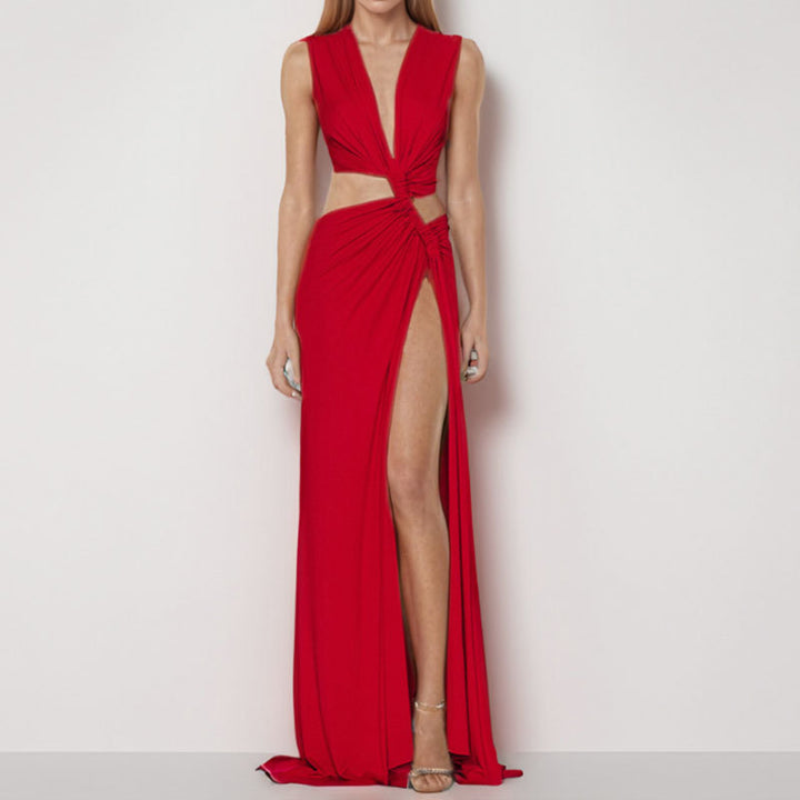 Damen Elegantes Cut-Out Maxikleid mit raffinierten Drapierungen und hohem Schlitz Echo Archiv