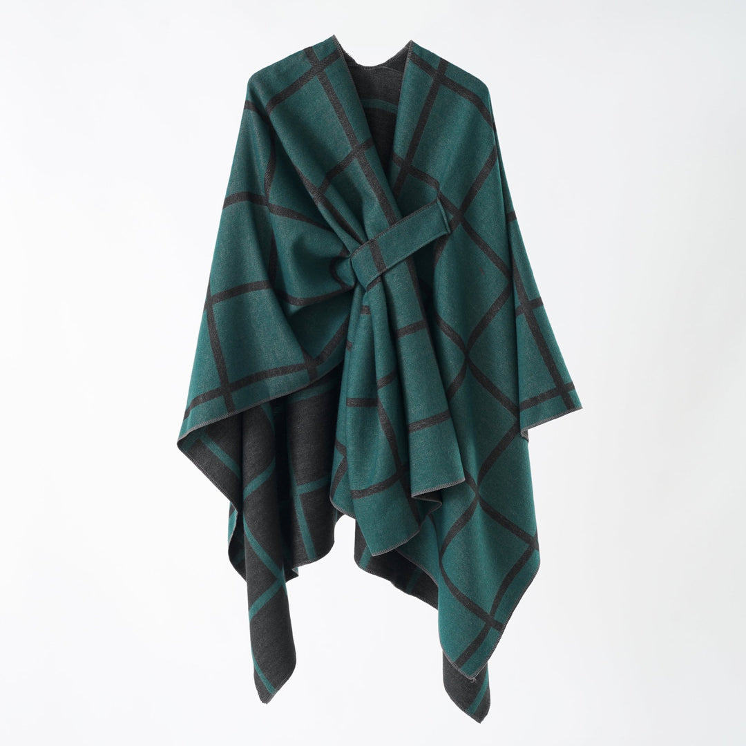 Damen Oversize Wollmix Poncho mit Gürtel und Karomuster Echo Archiv