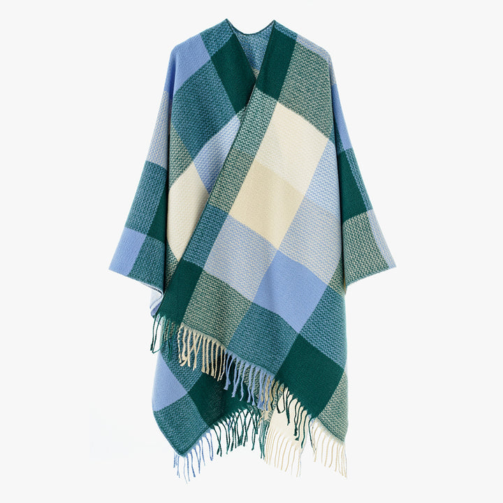 Damen Weichfallender Oversize-Poncho im Plaid-Webmuster mit V-Kragen und Fransensaum Echo Archiv