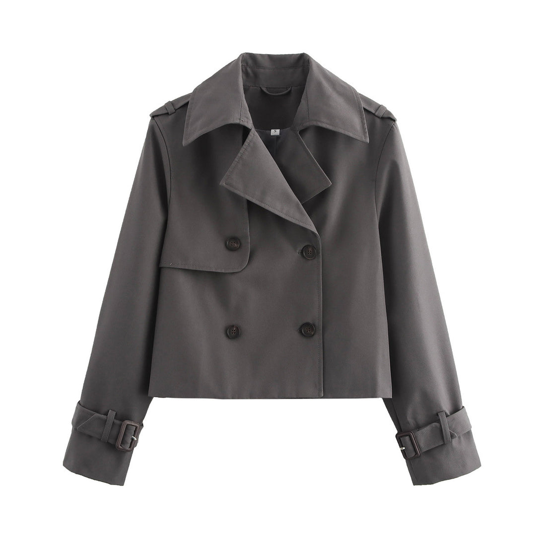 Damen cropped Trenchjacke mit Doppelreiher, Epauletten und verstellbaren Schnallenmanschetten – Célinea