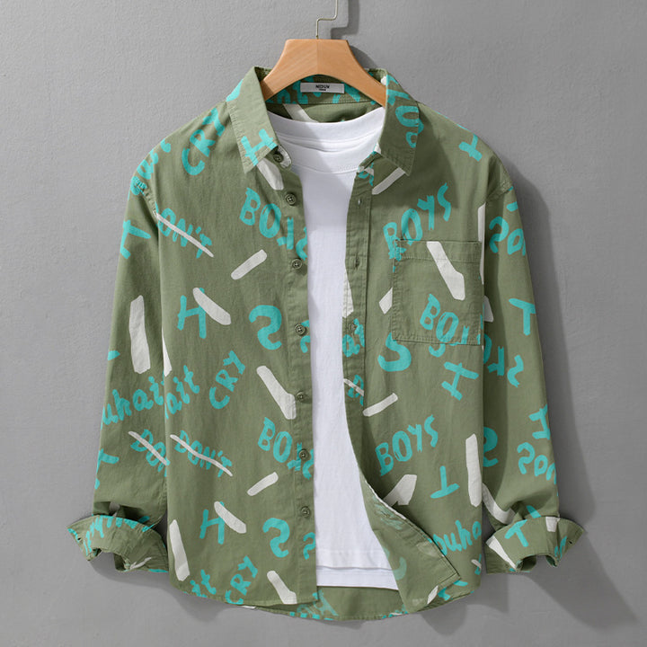 Herren Lockeres Baumwoll-Overshirt mit grafischem Allover-Print und Kentkragen Echoarchiv