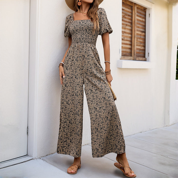 Damen Floraler Smocked-Jumpsuit mit Karree-Ausschnitt, Puffärmeln und weitem Beinschnitt Echoarchiv