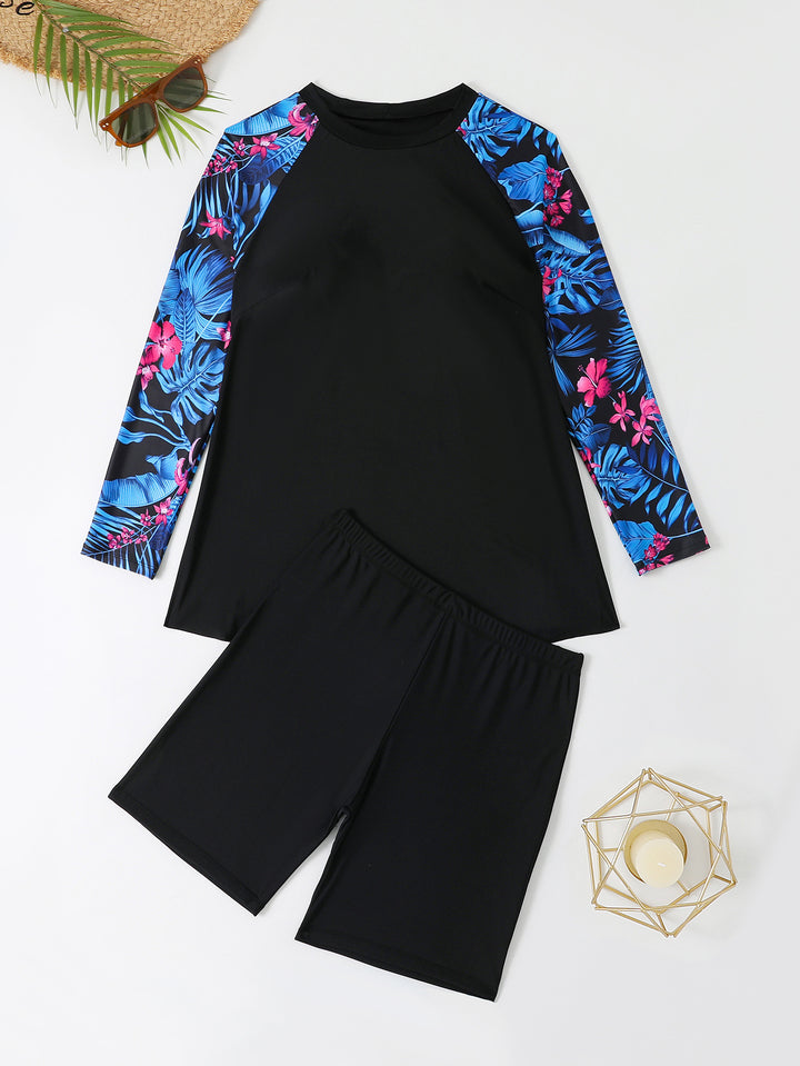 Damen UV-Schutz Surfanzug Set mit langen Ärmeln und farbenfrohem Blattmuster Echo Archiv