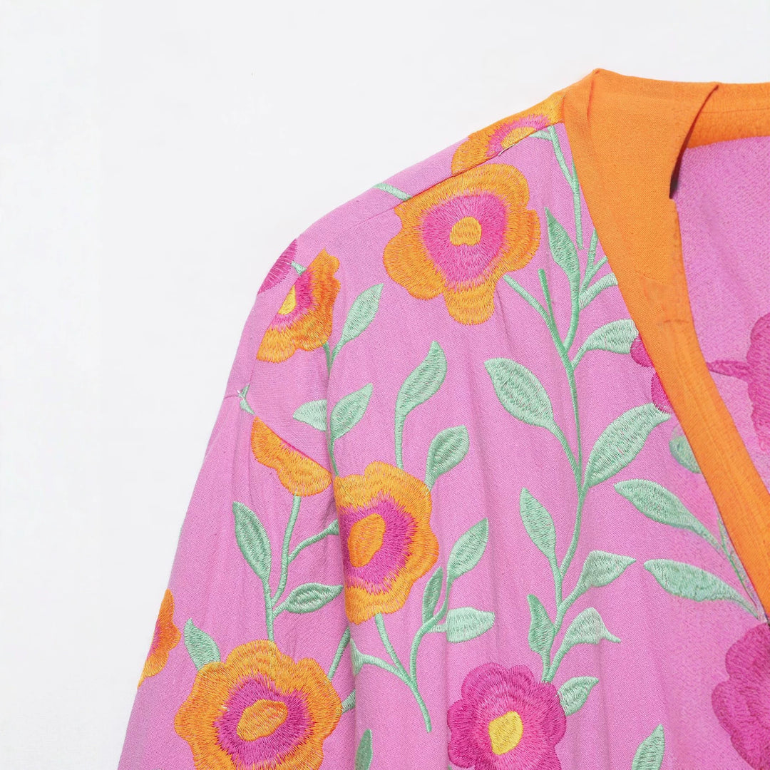 Damen Besticktes Kimono-Blouson mit Taillengürtel und floraler Stickerei Echo Archiv