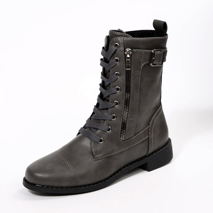 Damen nan robuste Schnür-Bikerstiefelette mit seitlichem Reißverschluss und Ziergurt Echo Archiv