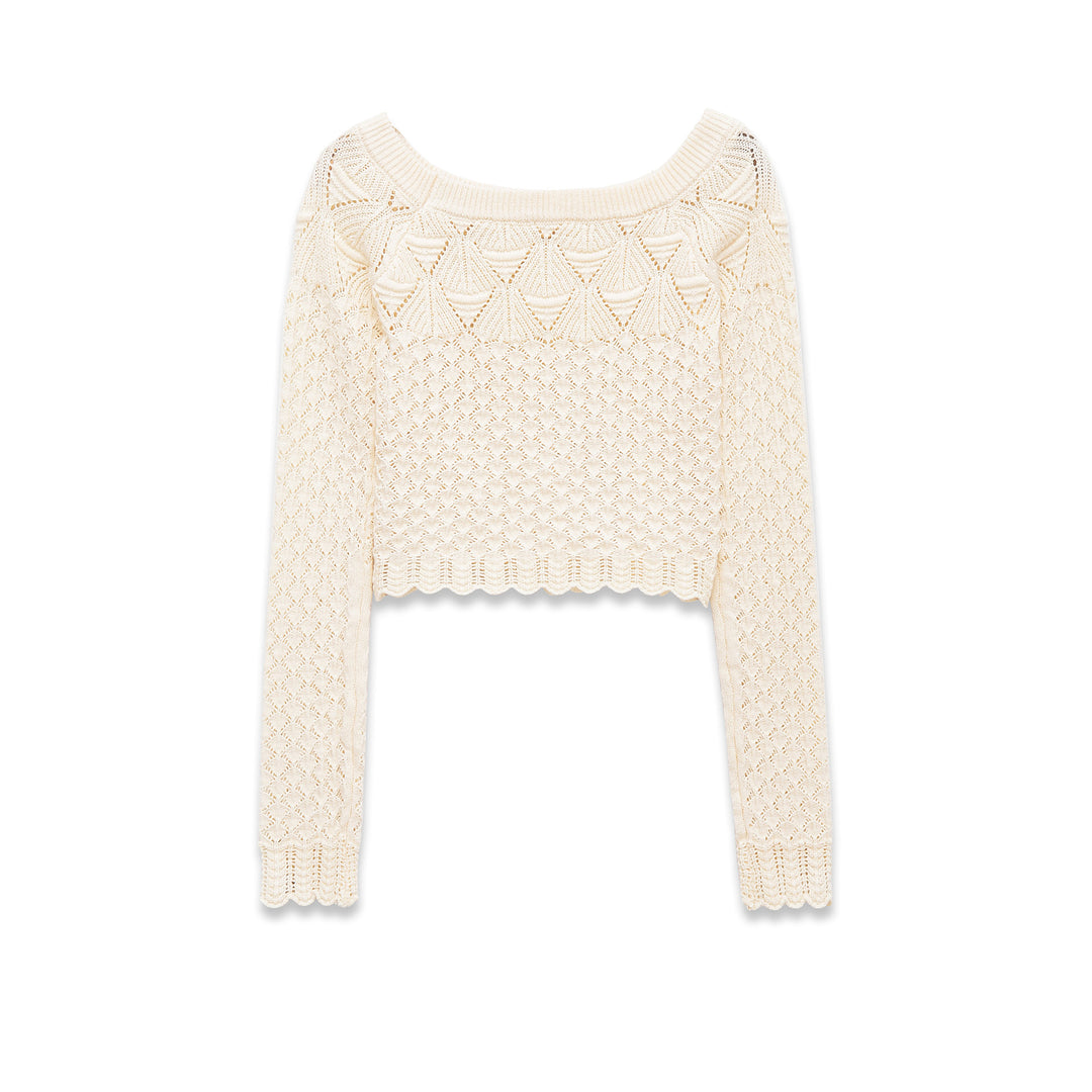 Damen nan gehäkelter Kurzpullover mit weitem Boot-Ausschnitt, feinem Lochstrickmuster und elastischem Bündchen Echo Archiv