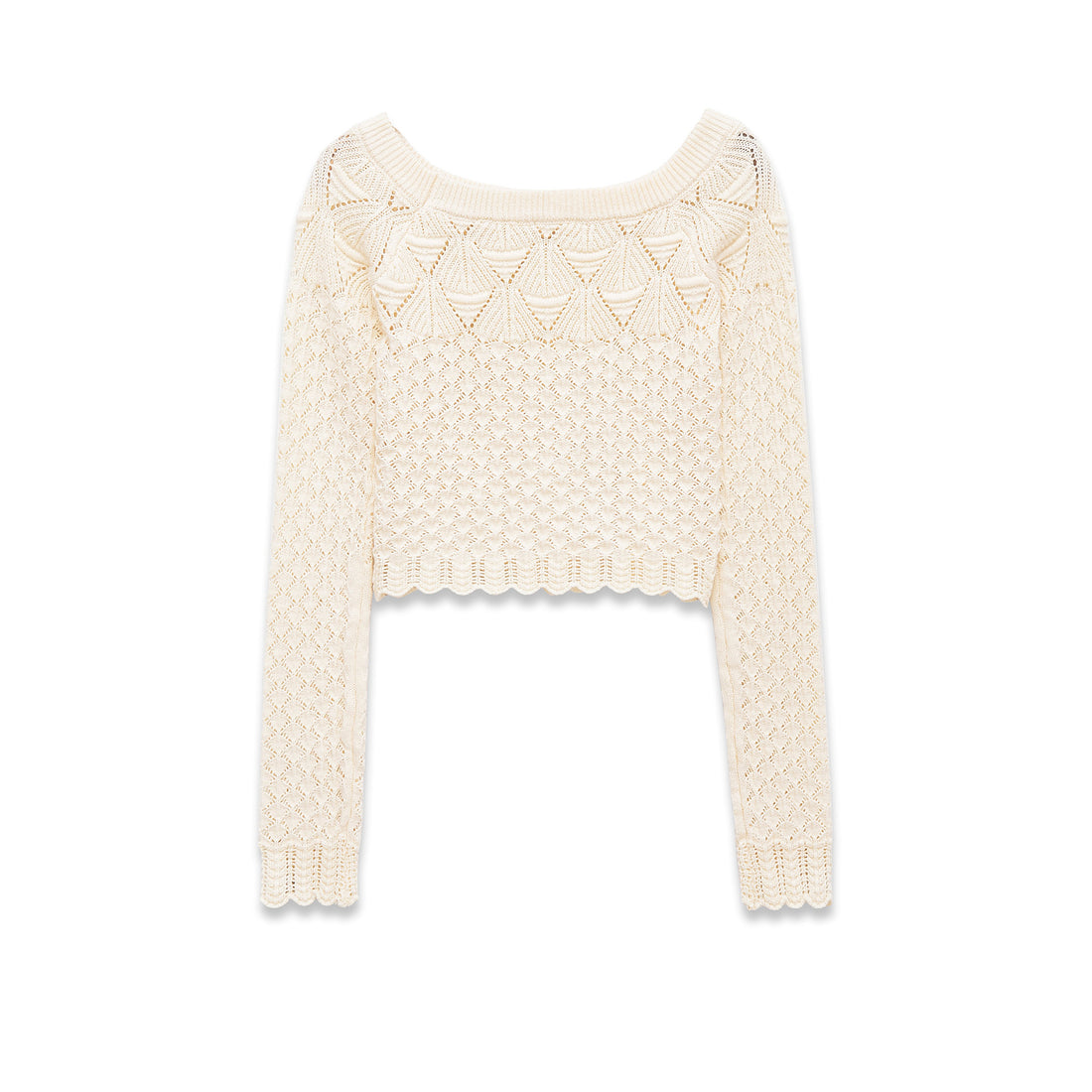 Damen gehäkelter Kurzpullover mit weitem Boot-Ausschnitt, feinem Lochstrickmuster und elastischem Bündchen – Mavelle