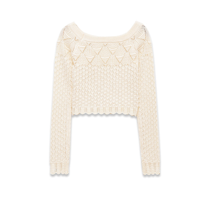 Damen nan gehäkelter Kurzpullover mit weitem Boot-Ausschnitt, feinem Lochstrickmuster und elastischem Bündchen Echo Archiv