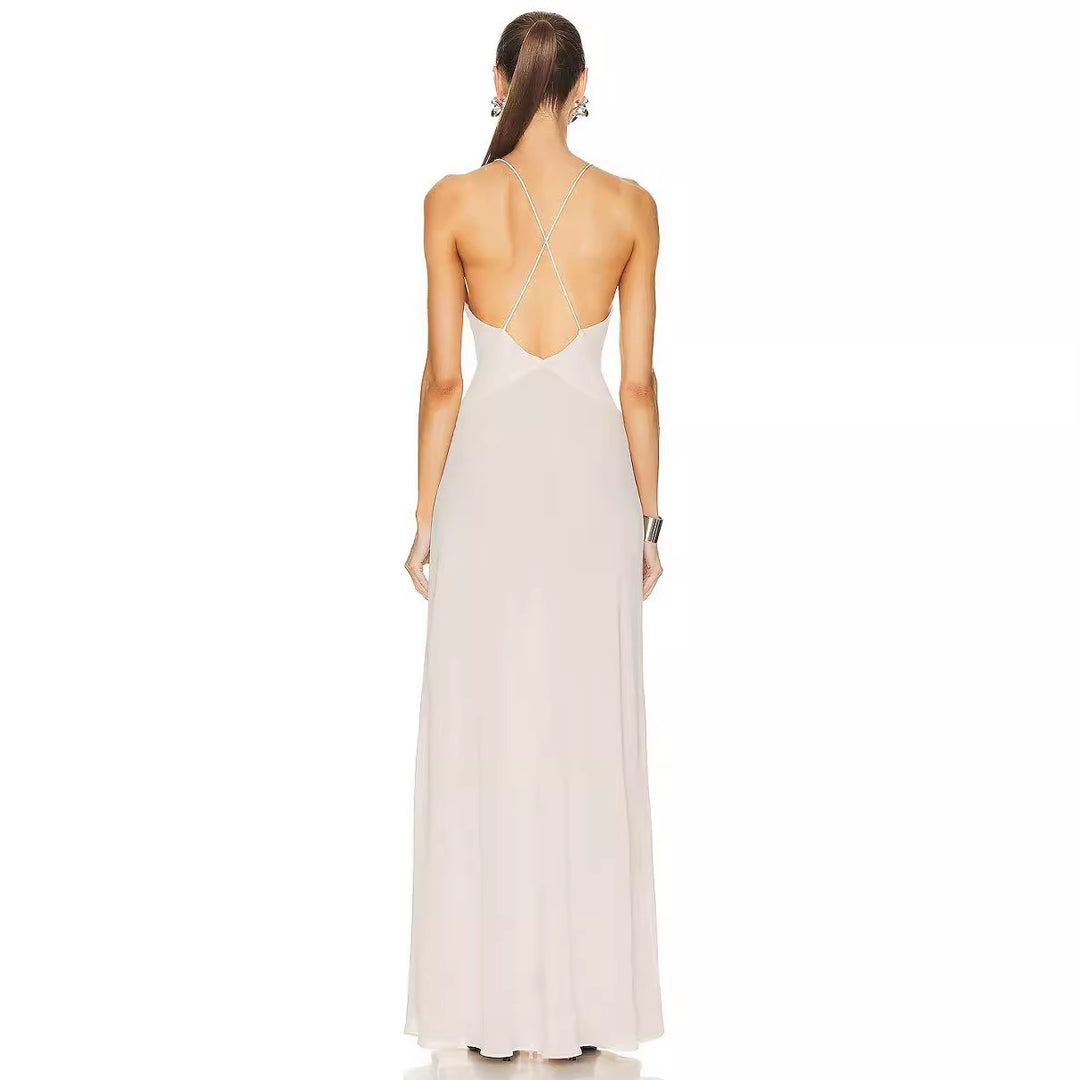 Damen Elegantes Maxikleid mit tiefer V-Ausschnitt und dekorativer Blüte Echo Archiv