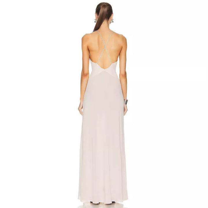 Damen Elegantes Maxikleid mit tiefer V-Ausschnitt und dekorativer Blüte Echo Archiv