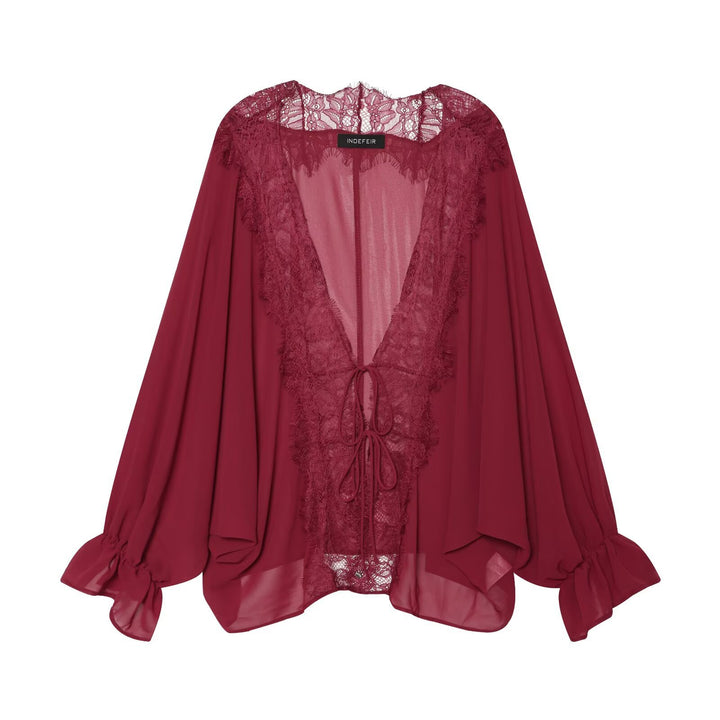 Damen Kaftan-Bluse mit Spitzenkante, Bindeband und Ballonärmeln Echo Archiv