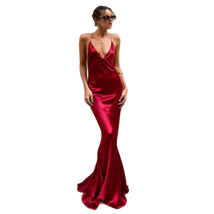 Damen elegantes Maxikleid mit tiefem V-Ausschnitt und fließendem Stoff Echo Archiv