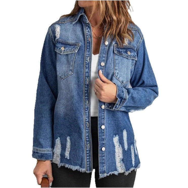 Damen Lässige Oversize-Denimjacke mit Destroyed‑Details, Hemdkragen und Fransen‑Saum Echo Archiv