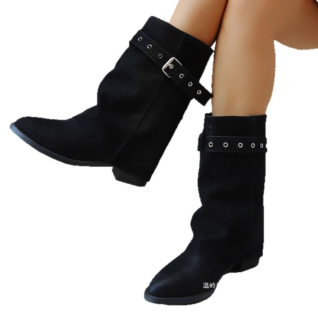 Damen Mid-Calf-Stiefel mit Schnallenriemen und niedrigem Blockabsatz Echoarchiv