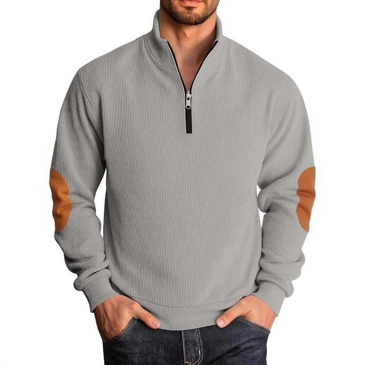 Herren Strickpullover mit modischem Stehkragen und kontrastrierenden Ellenbogenpatches Echoarchiv