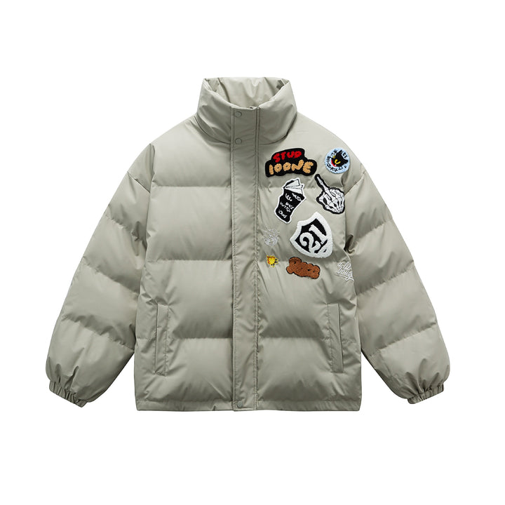 Unisex Boxy wattierte Oversize-Pufferjacke mit Stehkragen und Statement-Patchdetails Echoarchiv