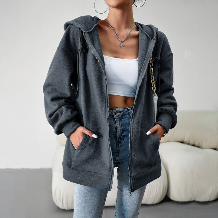 Damen kuscheliger Teddy-Fleece Zip-Hoodie mit Kapuze, tiefer Schulterpassform und Kängurutaschen – Auréline