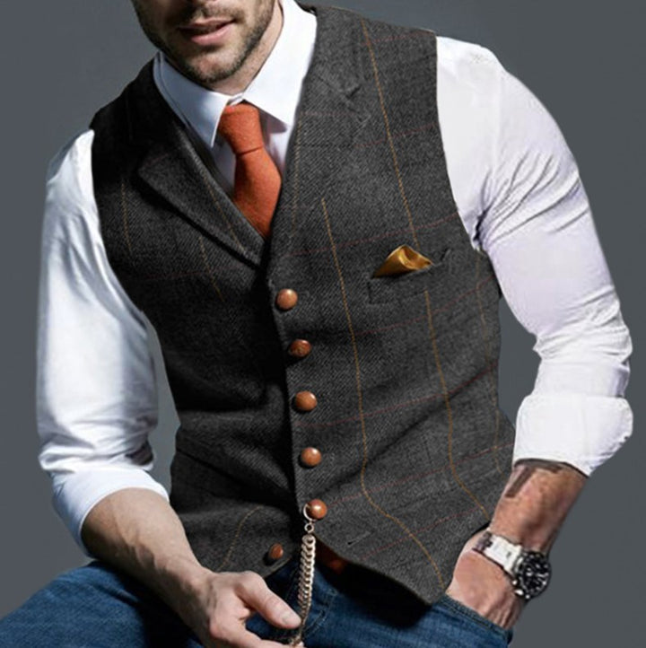 Herren Tweed-Weste im Vintage-Stil mit Revers, Brusttasche und Zierkettendetail Echoarchiv