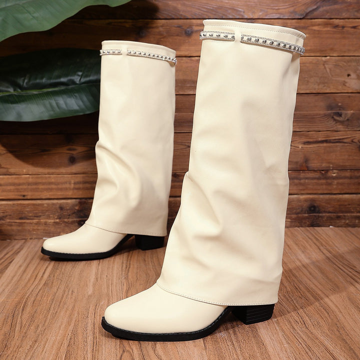 Damen Kniehohe Slouch‑Stiefel mit niedrigem Blockabsatz und Strassbesatz – Lioré