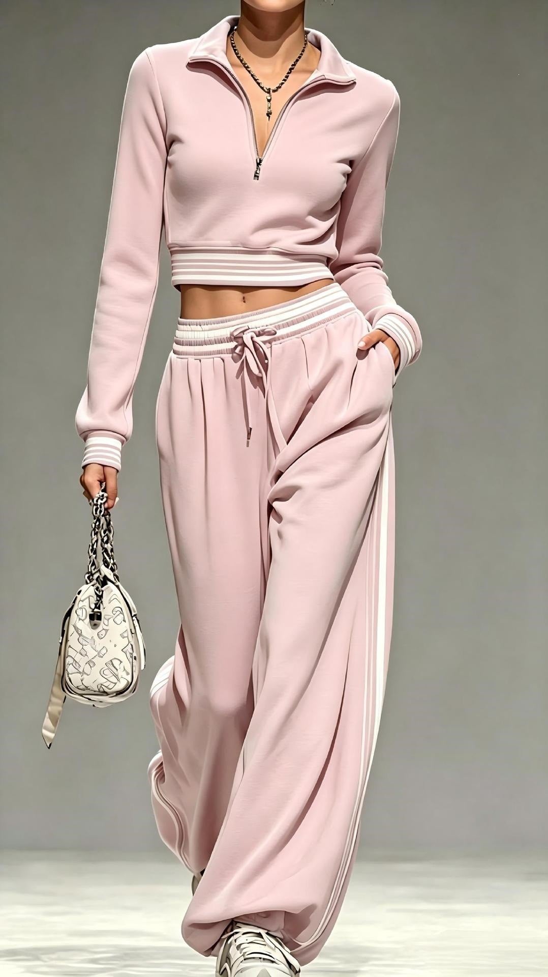 Damen Cropped-Trainingsset mit halbem Reißverschlusskragen und weitem Bundfalten-Jogger Echoarchiv