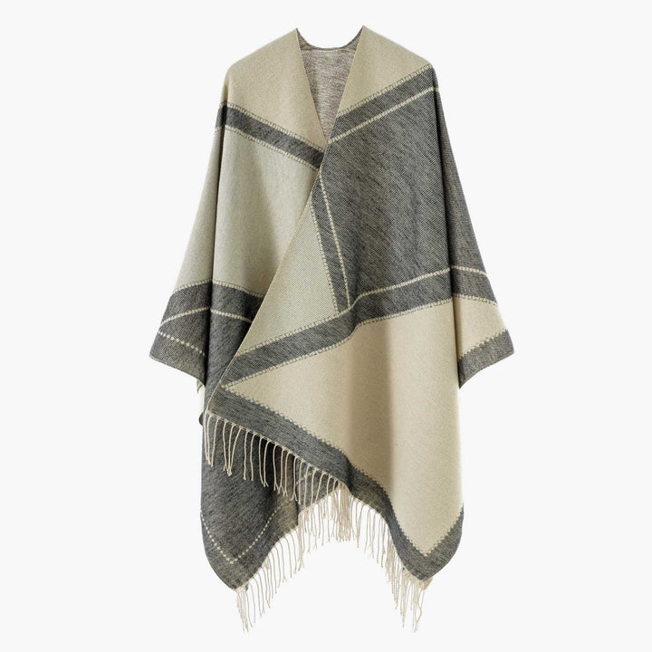 Damen Wendbarer Strickcape-Poncho mit Fransen und kontrastierenden Streifen – Avérine