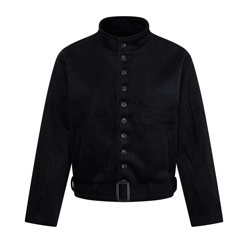 Herren Kurze Wollmix‑Jacke mit Stehkragen, durchgehender Knopfleiste und Taillengürtel Echoarchiv