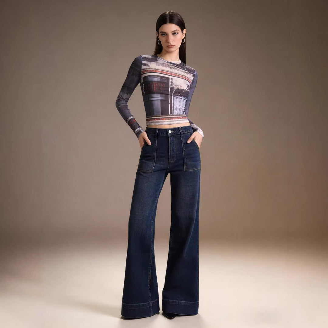 Damen High-Waist Weitbeinerhosen mit angesagtem Aufnäher Echo Archiv