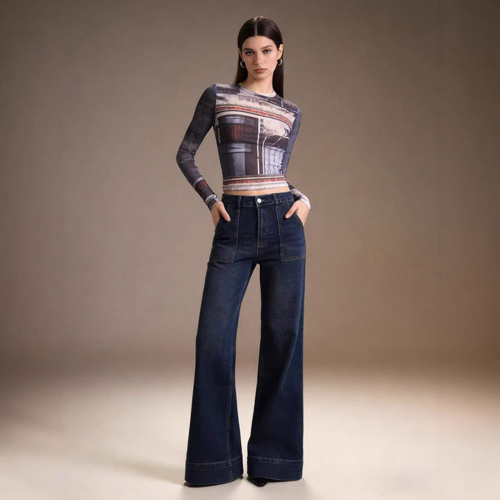 Damen High-Waist Weitbeinerhosen mit angesagtem Aufnäher Echo Archiv